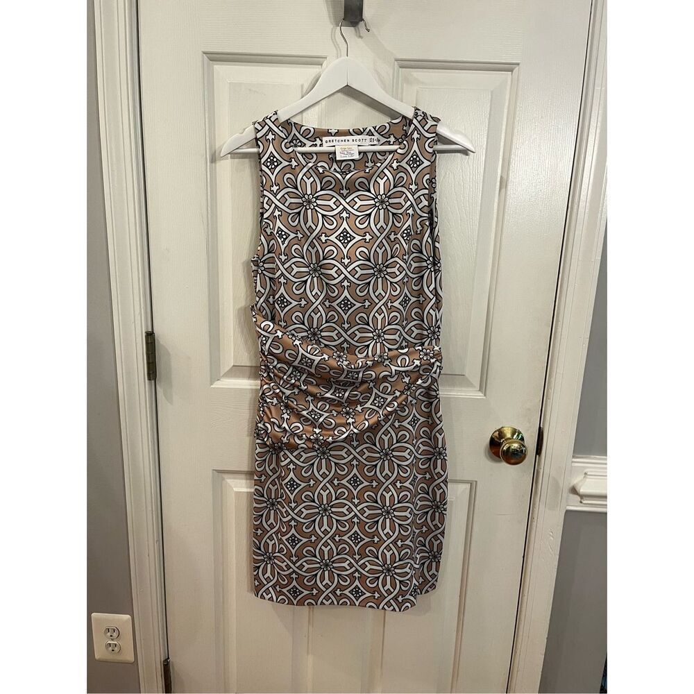 Gretchen Scott Piazza Jersey Corset Dress Tan White Black sz XS EUC